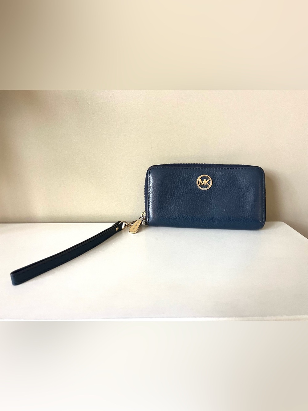 Michael Kors Navy Blue Zip Around wallet/Wristlet Gold Tone Logo
